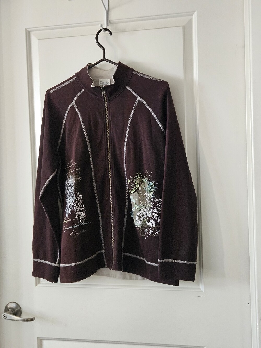 Zenergy by Chico’s Plum Graphic Full-Zip Jacket Sz 2 / US 12 Cotton Blend Active